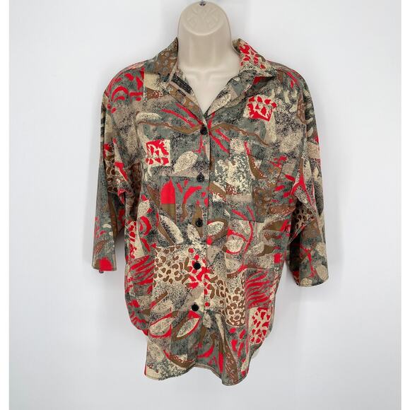 Anxiety VINTAGE Top Sz M Brown Red Abstract Artsy 1/2 Sleeve Cotton Button Up - Picture 1 of 8